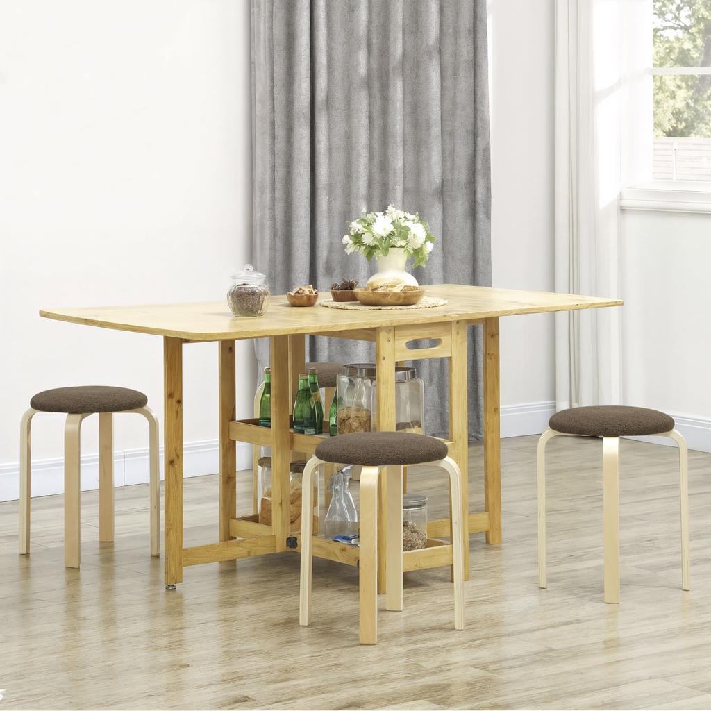 Upholstered Stool Set of 4, Stackable, Lacquered Surface, Wooden Legs, Brown