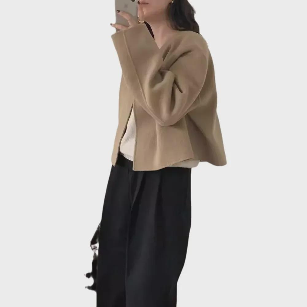 Корейский стиль осень/зима однотонное шерстяное пальто с V-образным вырезом свободного покроя