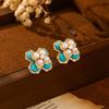 New Chinese-style Turquoise Pearl Stud Earrings Three-dimensional Four-leaf Flower Earrings Women's Niche High-end Temperament Fashion Earrings