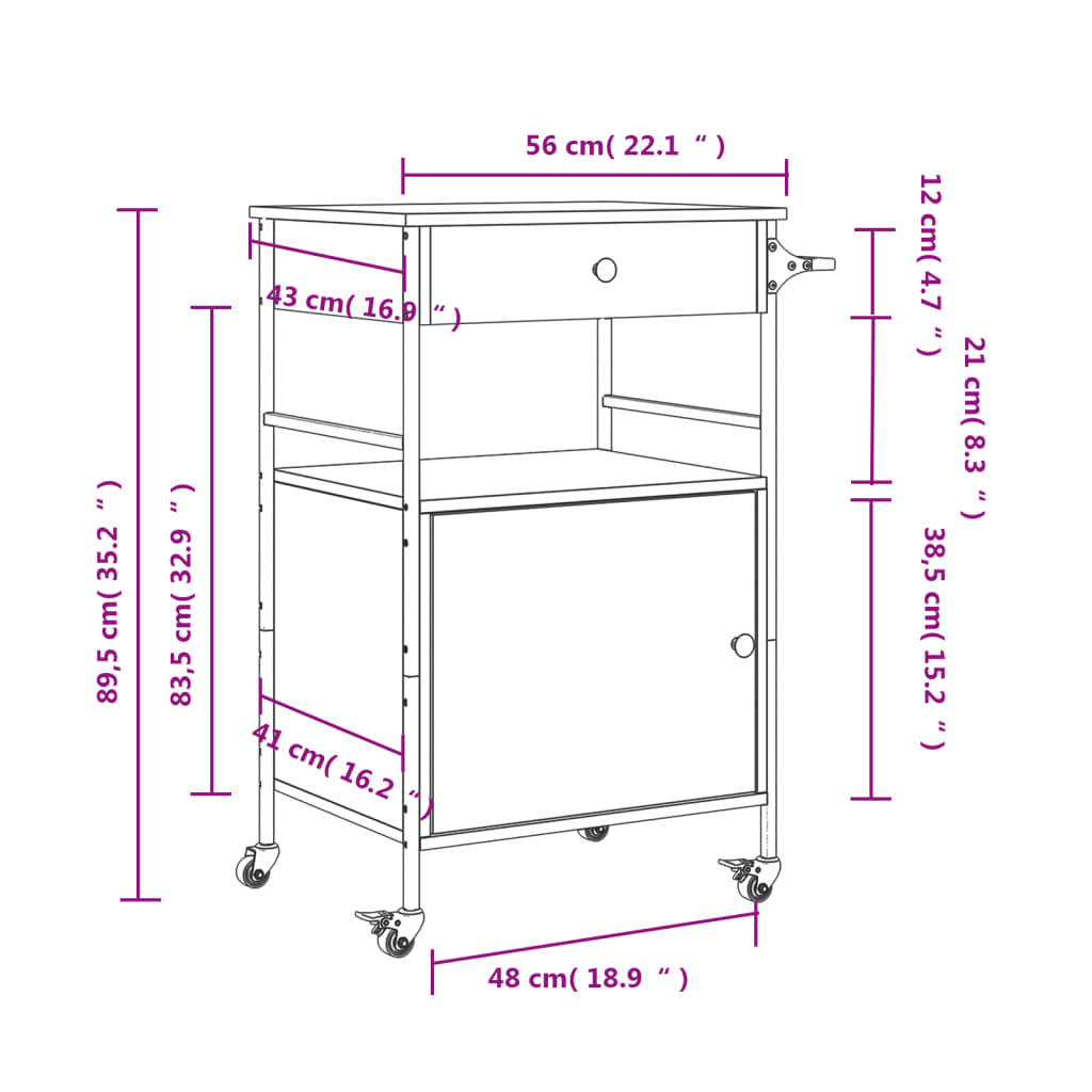 Kitchen Trolley Grey Sonoma 56 x 43 x 89.5 cm Engineered Wood