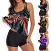 2Pcs/Set U-neck Sleeveless High Waist Lady Swimsuit Flower Leaves Print Top Tummy Control Boyshorts Set for Water Activity