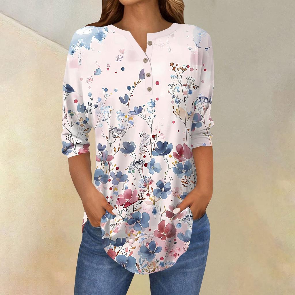 Рубашки с рукавом 3/4 для женщин, модные, повседневные, с круглым вырезом, с принтом, футболка, топ