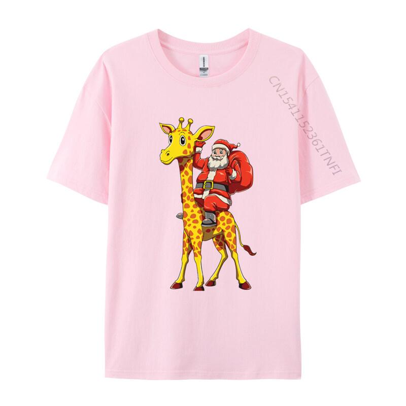 Santa Riding Giraffe Christmas Giraffe TShirt Print Tshirts for Unisex Camisa Cotton Tshirts Cream T Shirt