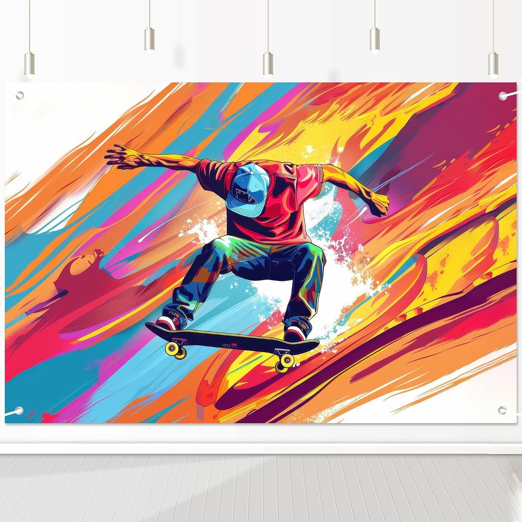 Skateboard Theme Banner Backdrop Decorations, 72x43 Inch Durable Fabric Skateboarding Sign for Skateboarders Birthday Party & Teen Room Decor