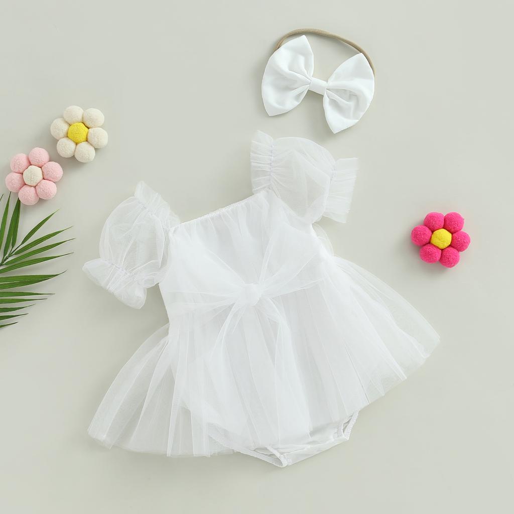 Baby Girl Summer Outfits, Short Sleeve Bow Front Romper Tulle Dress with Headband Set 2Pcs Clothes