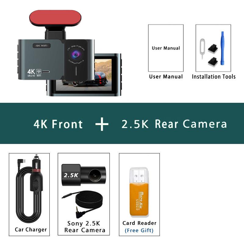 Видеорегистратор 4K + 2.5K 3840*2160P Автомобильный DVR GPS WIFI Двойная камера Автомобильная камера С супер ночным видением G-сенсор 24-часовой мониторинг парковки