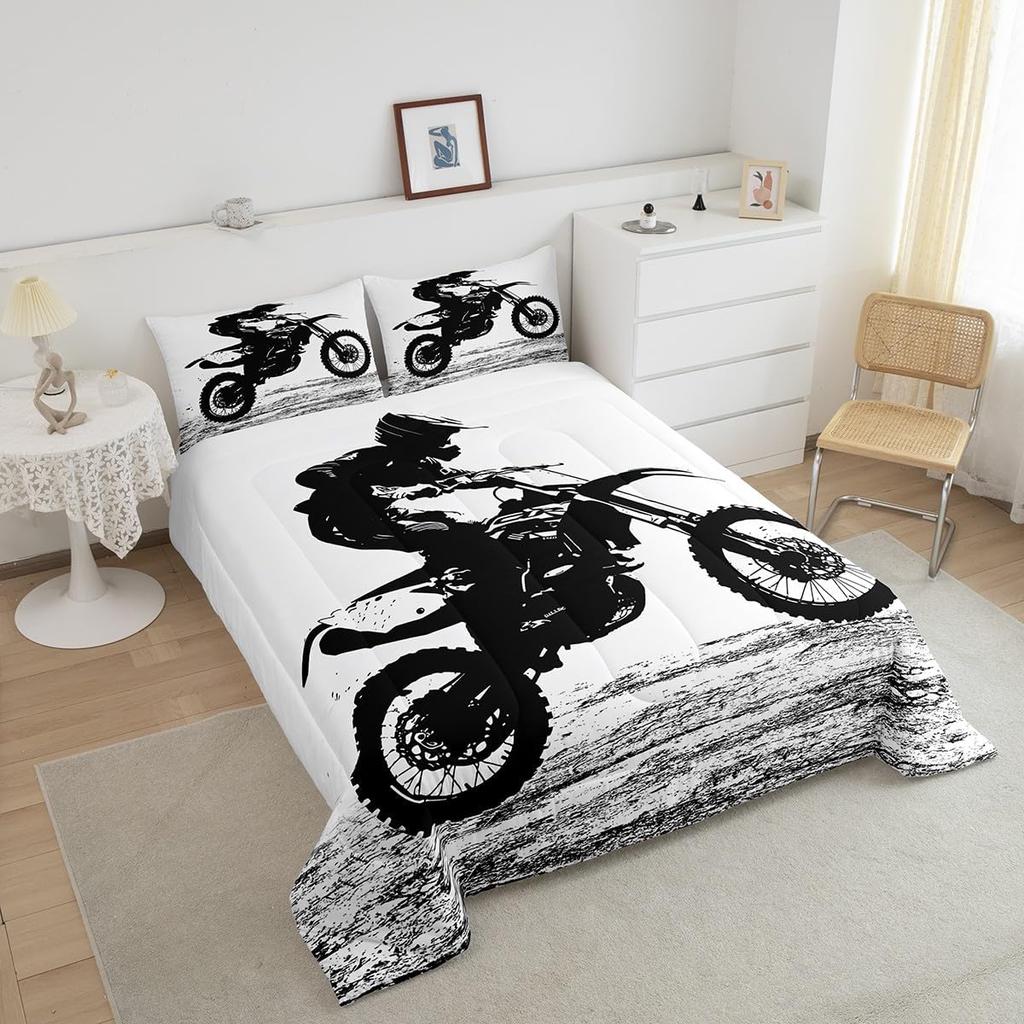 Erosebridal Teens Dirt Bike Comforter Set Twin Size, Motocross Rider Down Comforter for Kids Boys Adult Men, Motorbike Extreme Sport Bedding