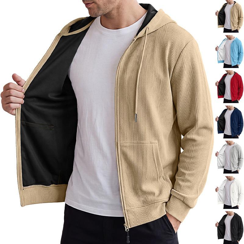 Men S Hooded Waffle Knit Zip Up Cardigan Sweatshirt Loose Fit Casual