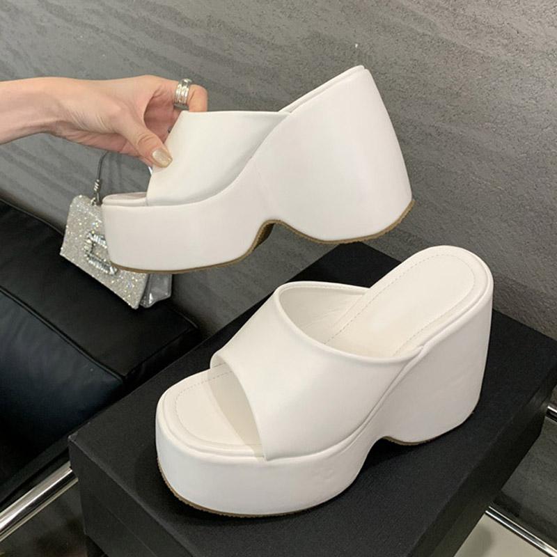 Liyke Summer 13CM Super High Heels Wedges Slippers Women Slides Soft Cozy Solid Leather Chunky Platform Shoes Female Sandals