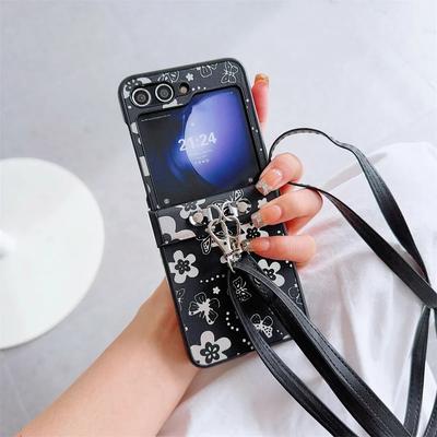 Чехол-кроссбоди из ПУ кожи с цветком-бабочкой на шнурке для Samsung Galaxy Z Flip 6 5 4 3 5G, защита шарнира, противоударный чехол