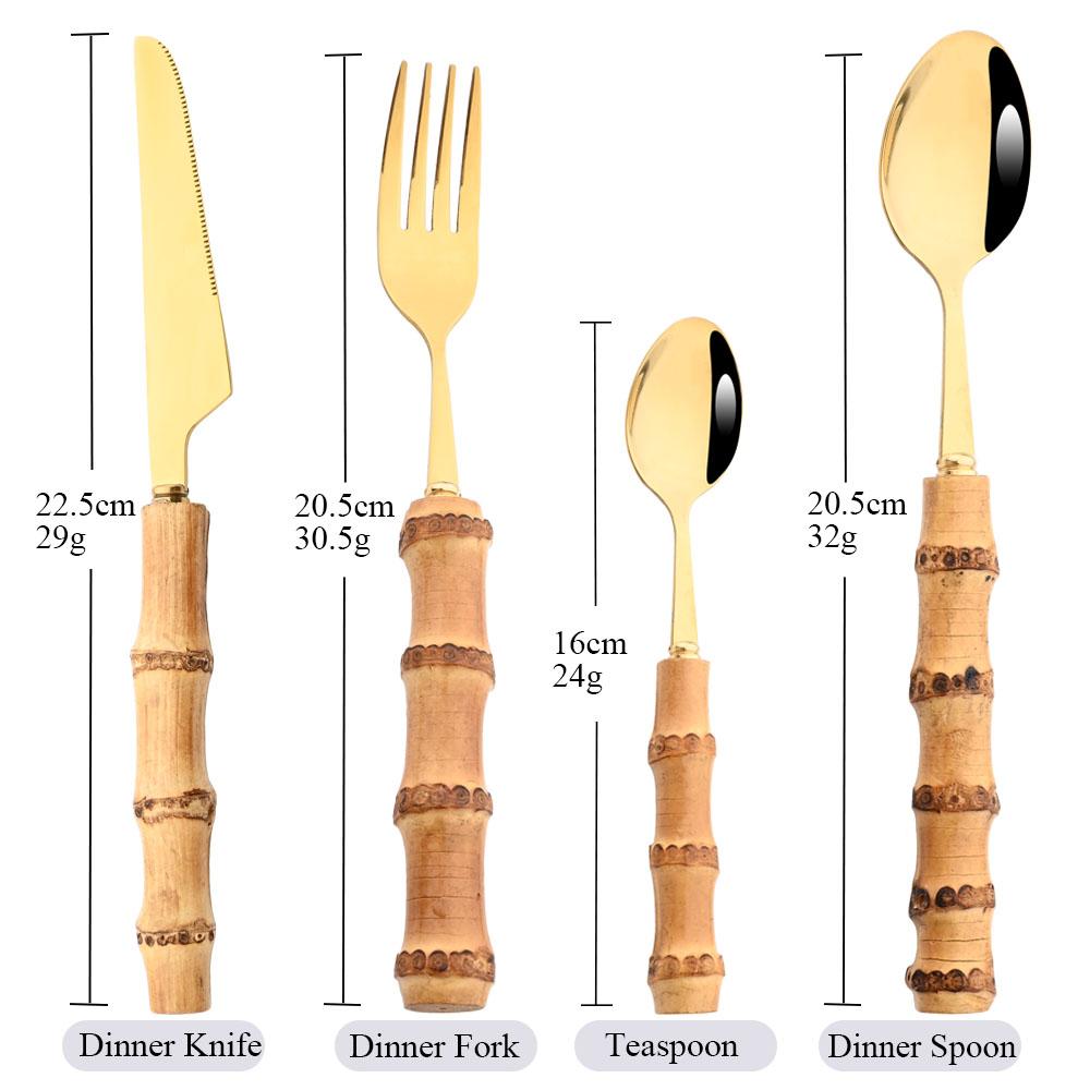 Jankng 16 шт., набор посуды из натурального бамбука, золота, роскошный западный набор посуды, кухонная вилка из нержавеющей стали, ложки, набор столовых приборов