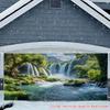 A 2D flat-printed party banner with a waterfall-like green landscape pattern suitable for use as a background in the garage.