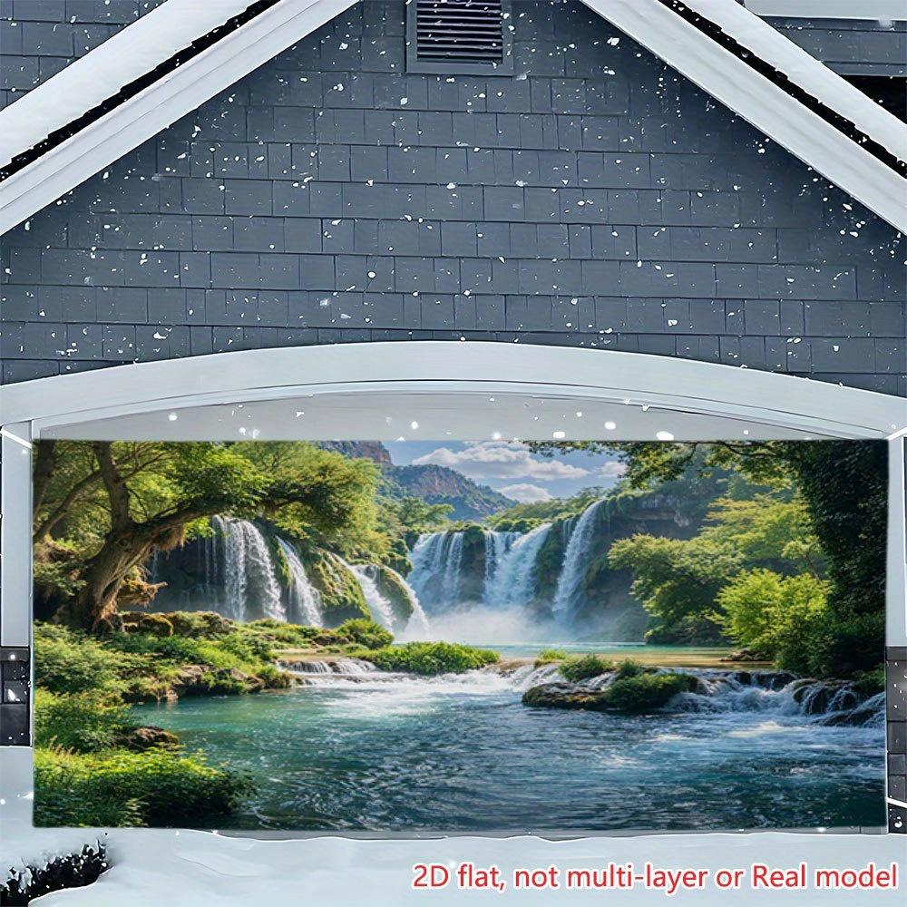 A 2D flat-printed party banner with a waterfall-like green landscape pattern suitable for use as a background in the garage.