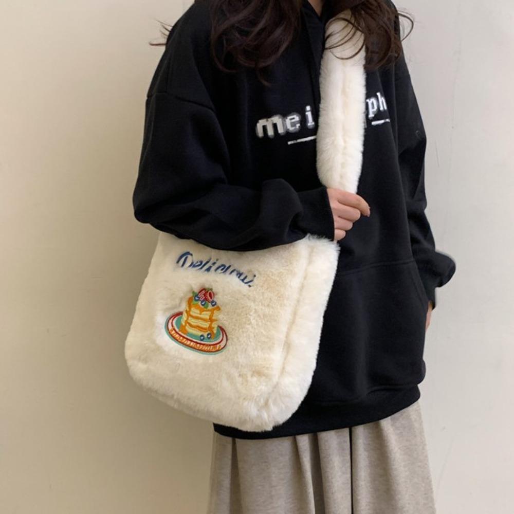 Commuting Plush Shoulder Bag Cute Underarm Bag Soft Donut Embroidered Crossbody Bag  Female