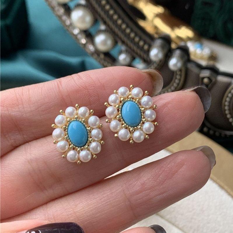 Light Luxury Design Sense Natural Turquoise Pearl Earrings For Women Exquisite Blue Earings Wedding New In Jewelry Gifts