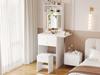 Small vanity table with adjustable LED lighting, incl. 1 stool, 2 drawers, two open compartments with 25cm foldable table top, White, 75x156x45 cm