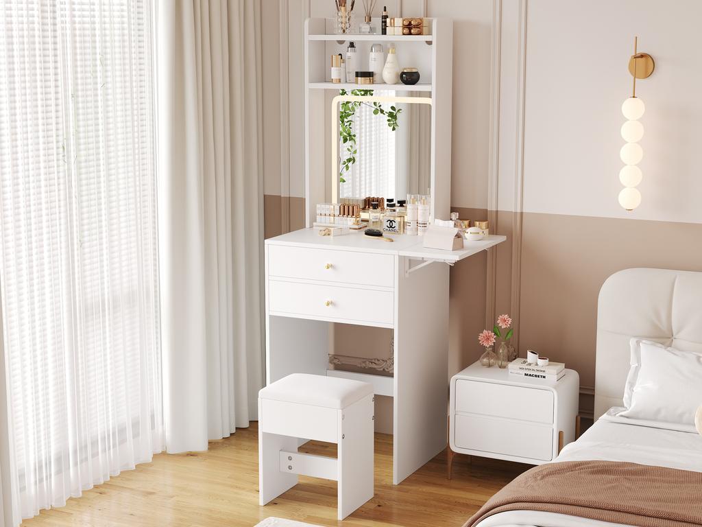 Small vanity table with adjustable LED lighting, incl. 1 stool, 2 drawers, two open compartments with 25cm foldable table top, White, 75x156x45 cm