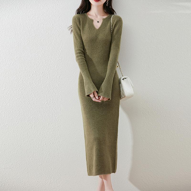 Женское платье-свитер 100% шерсть MODERN NEW SAGA V-образный вырез трикотажный длинный пуловер зимние джемперы шерстяное длинное платье женское