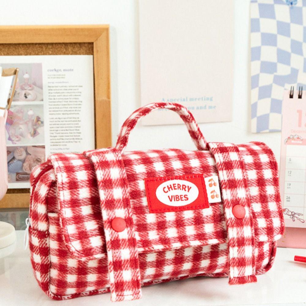 Sweet Grid Pencil Case Portable Pen Organizer Pouch Cute Stationery Organizer Office Use