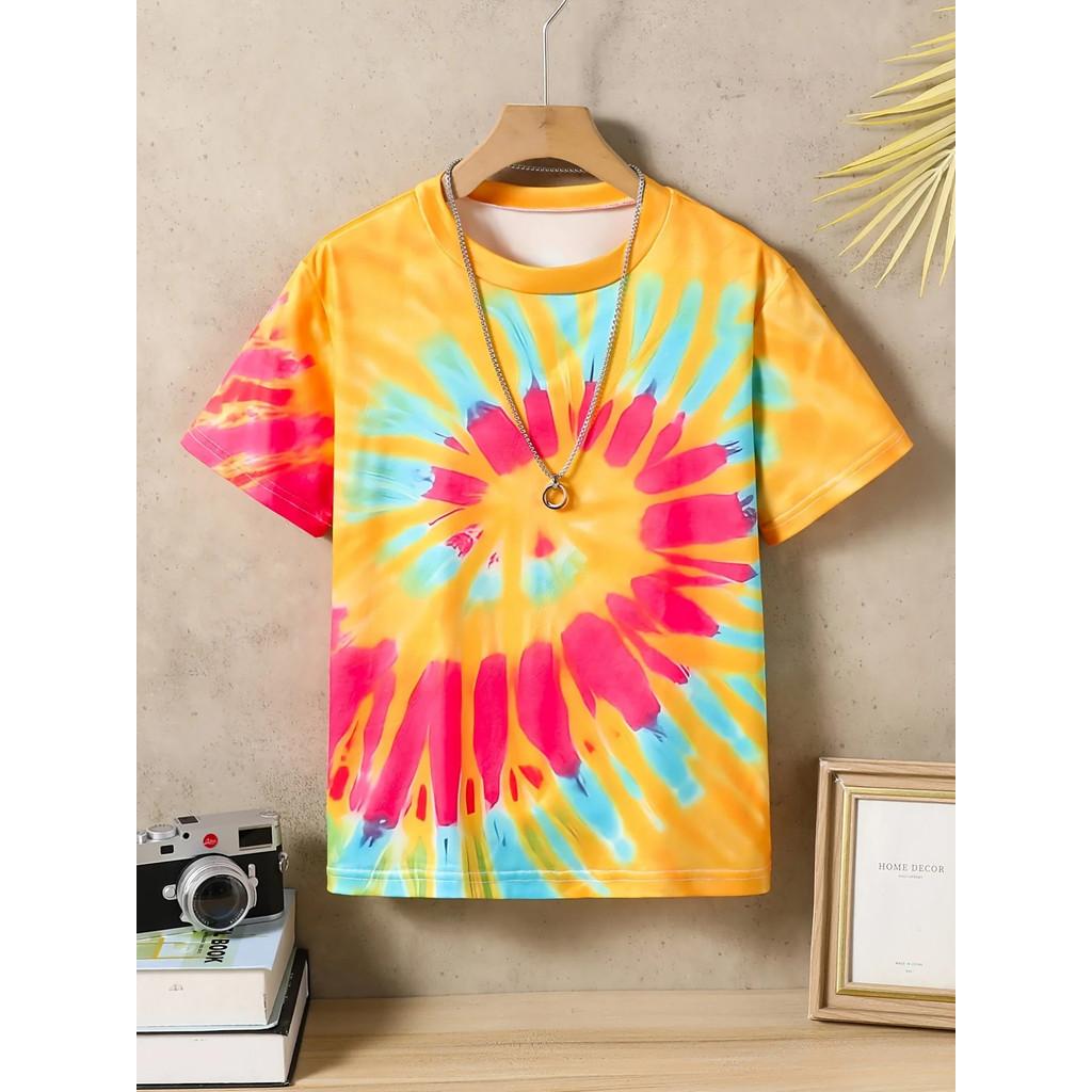 3D Tie-Dye Rainbow Print Kids' T-shirt Summer Fashion Casual Crew Neck Short-Sleeve Top for Boys & Girls