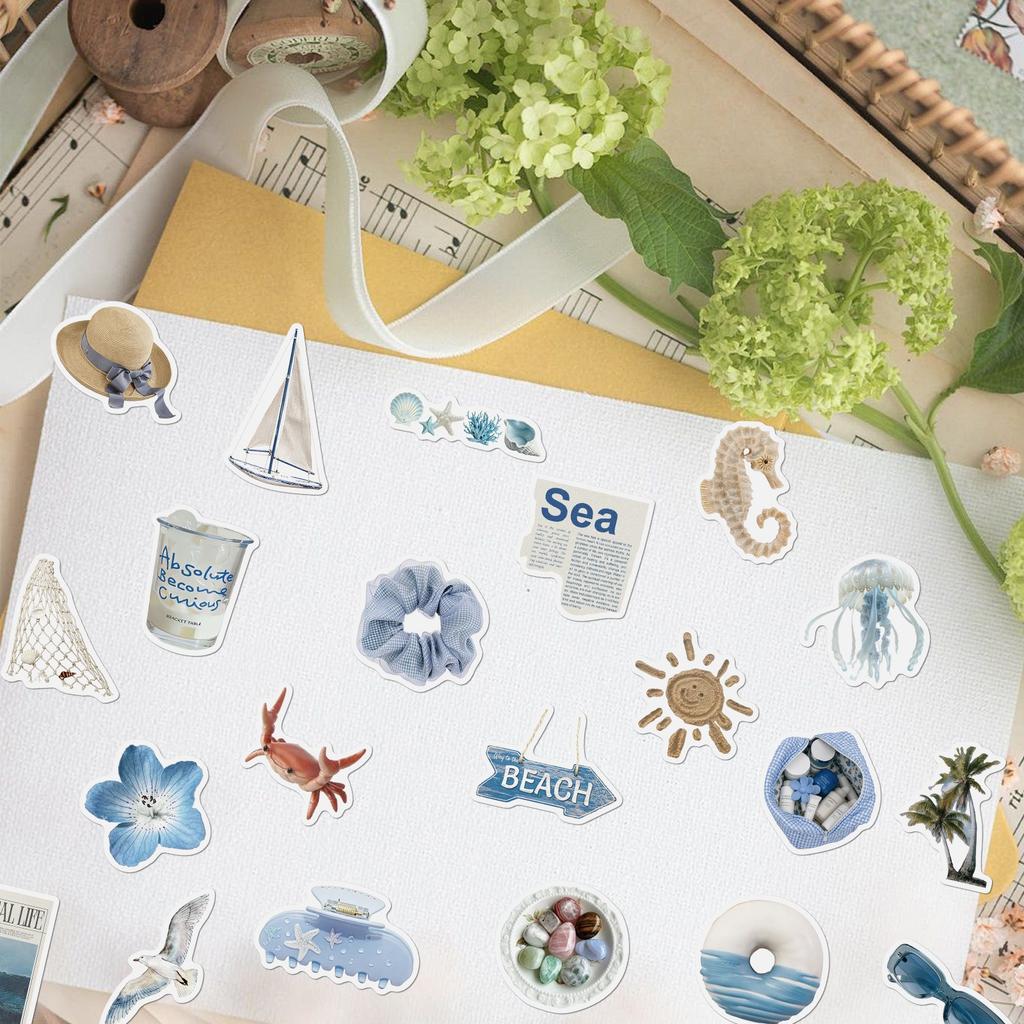 50Pcs/Set Baby Blue . Coastal Aesthetic Stickers DIY Fashion Waterproof Doodle Decals Stickers