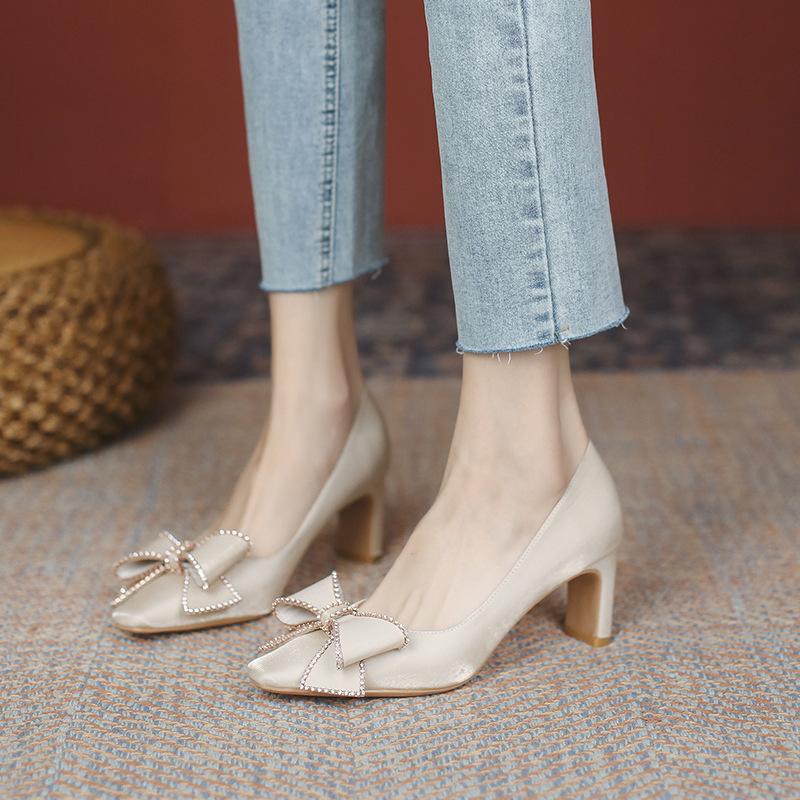 Fashion Fashionable and Minimalist Single Shoe Women's 2024 Spring New Bow Decoration Daily Versatile Shallow Cut Exquisite High Heels