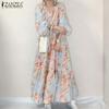 ZANZEA Women Casual V-neck Floral Print Long Sleeve Long Dress