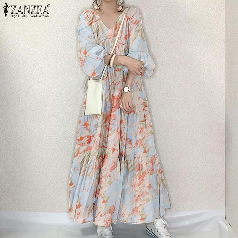 ZANZEA Women Casual V-neck Floral Print Long Sleeve Long Dress