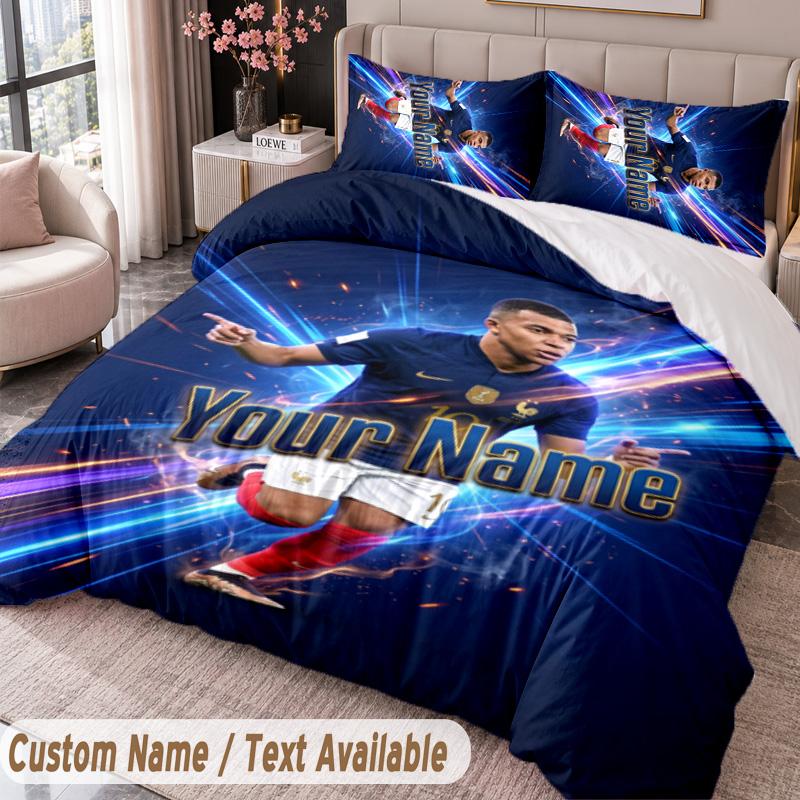 Kylian Mbappe Printed Bedding Set Custom Name Text 1 Duvet Cover 2 Pillowcases For Bedroom