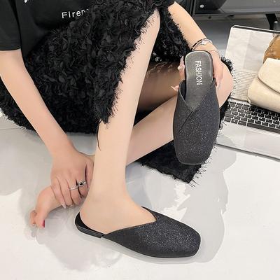 Модные квадратные шлепанцы-полуфлипы для лета 2025 года, новые, с пайетками, мягкие, плоские, на одну ногу, шлепанцы-мюли