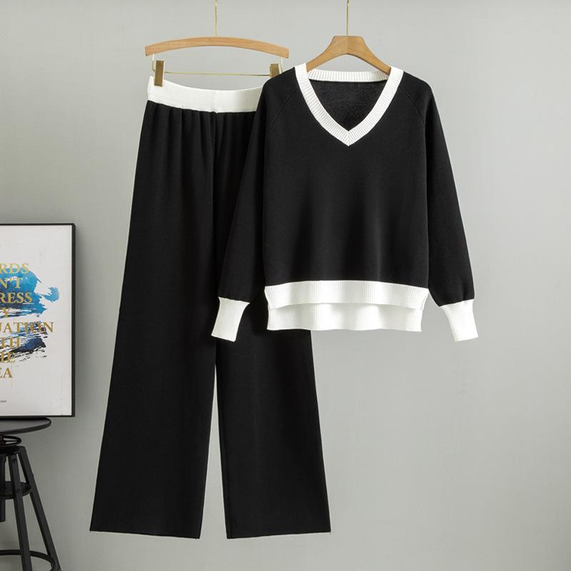 Плюс Размер Женская Весенняя Мода Новый Свободный Повседневный Свитер Комплект Из Двух Частей