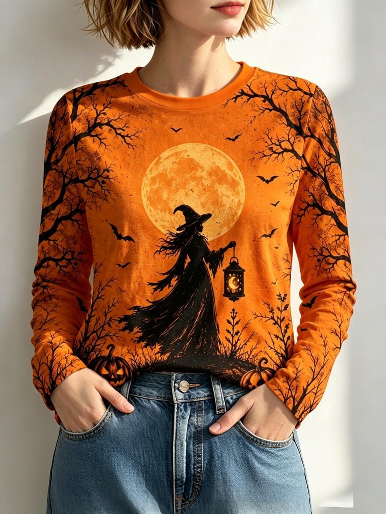 Fashion Women's T-Shirt Halloween Theme Print Tee Casual Autumn Holiday Fashion Long Sleeve T-Shirts Casual Loose Women's Tops