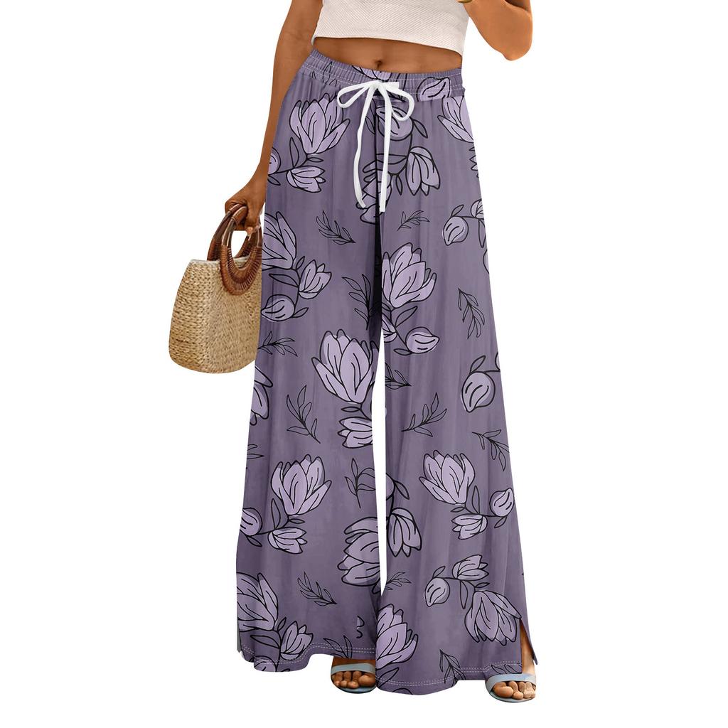 Женские летние брюки-палаццо в стиле бохо с высокой талией, широкие повседневные брюки с цветочным принтом и карманами
