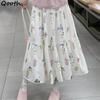 Elegant Women A-line Floral Ruffle Skirt Wide Hem Mid Length Casual Sweet Skirt QT2622