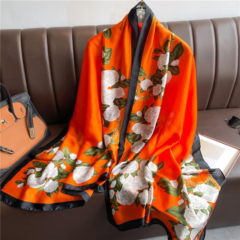 Luxury Satin Silk Scarf Women New Fashion Print Shawl and Wraps Neckerchief Large Hijab Beach Stoles Headscarves Echarpe Bandana