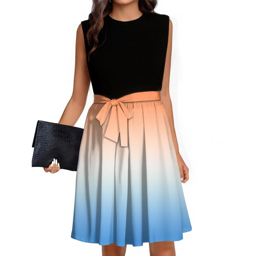 Women's Fashion Casual Lace-up Sleeveless Round Neck Splicing Short Dress