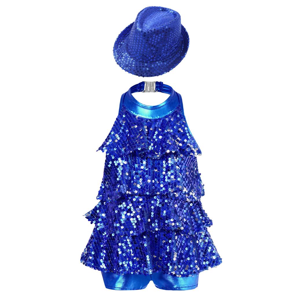 Girls Modern Jazz Latin Leotard Halter Backless Shiny Sequins Ruffles Dance Costume Hat