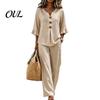 Soft Texture Women Pants Summer 2 Piece Sets for Women, Casual Ruffle 3/4 Sleeve Buttons V Stretchy Waist Neck Top And Wide Leg Matching Set,