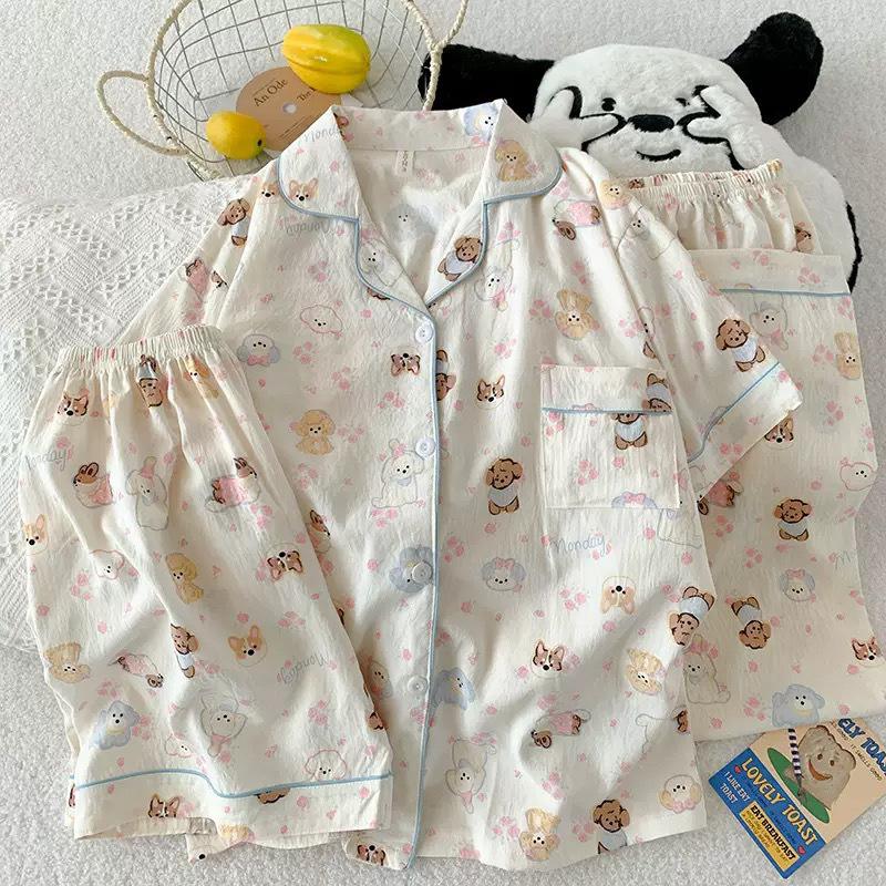 Cloud cotton pajamas women's summer short sleeves shorts trousers three-piece set sweet cartoon thin loungewear spot