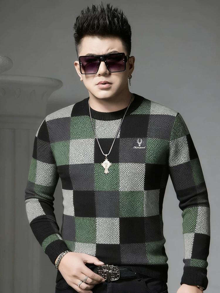 European Station 2025 Autumn/Winter New Round Neck Sweater Men's Plaid Print Knitted Base Shirt Long Sleeve Knitwear