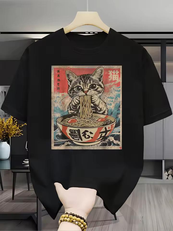 Japanese Cat Eating Ramen T Shirt Funny Anime Graphic Tee Vintage Ukiyo E Style Summer Top Casual Fashion Shirt For Men Women