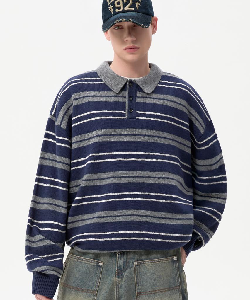 TRILLION Washable Striped Button Collar Neck Knit [Navy]