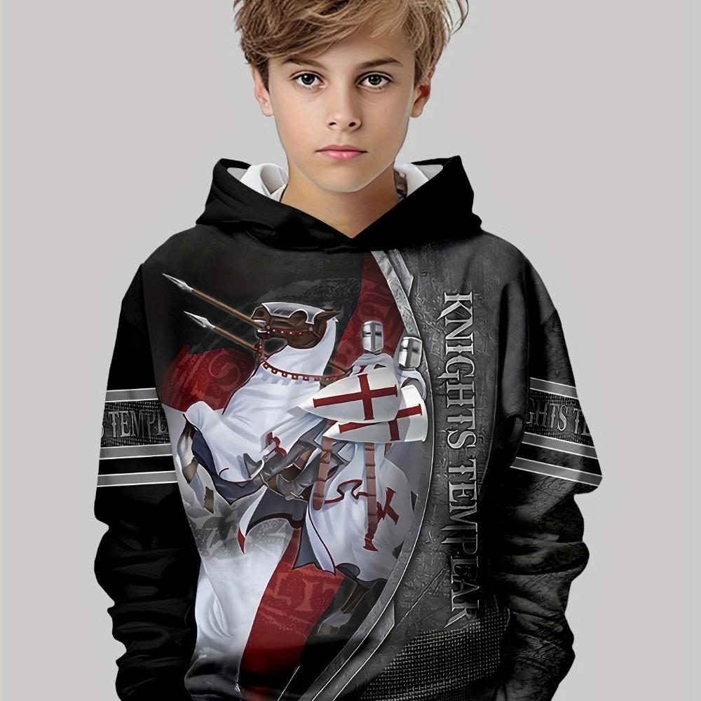 Boys' Hooded Sweatshirt, Long Sleeve, Running Horse Print, Children's Spring and Autumn Clothing, Fashionable Outdoor Pullover