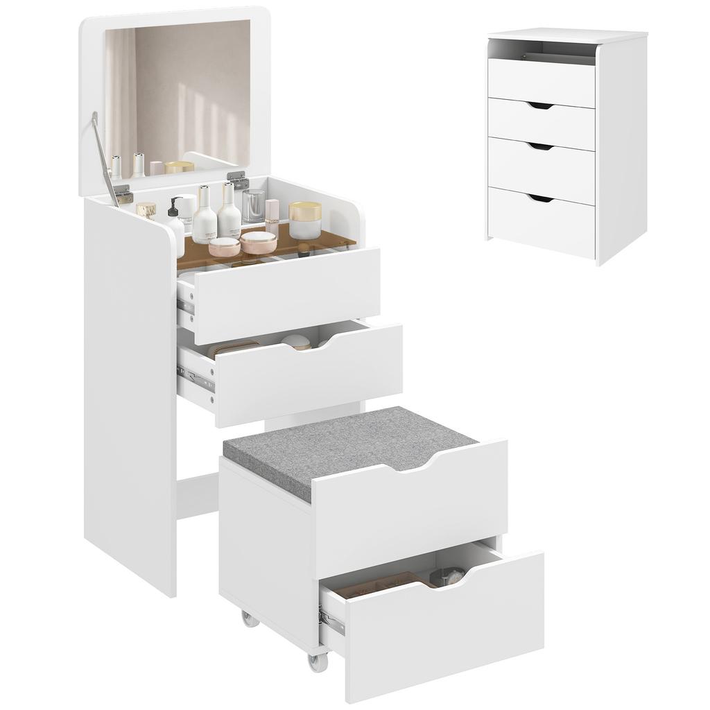 3 In 1 Makeup Station Flip Mirror Stool White