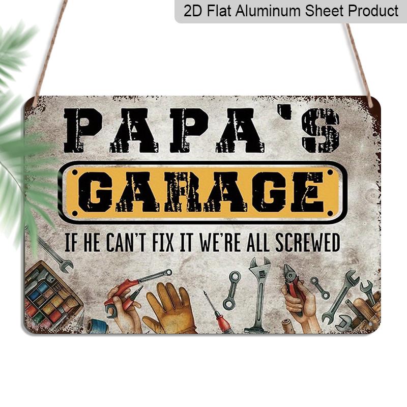 2D Flat 1pc Papa's Garage Aluminium Sign 8x12" - Rustic Garage Wall Decor, Fathers Day Gift, Tools & Gloves Design