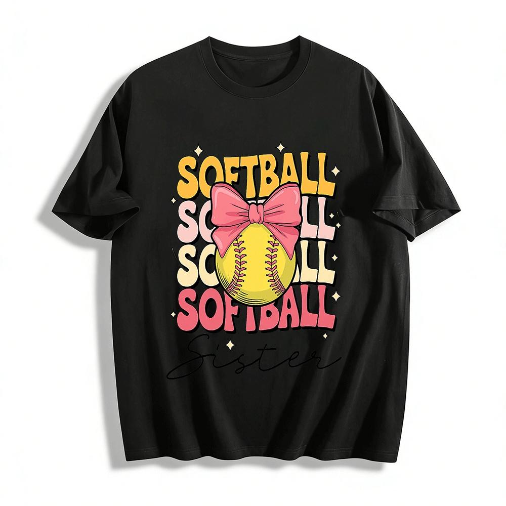 Softball Bow Sister Graphic Casual Tee For Game Day Pure cotton T-shirt
