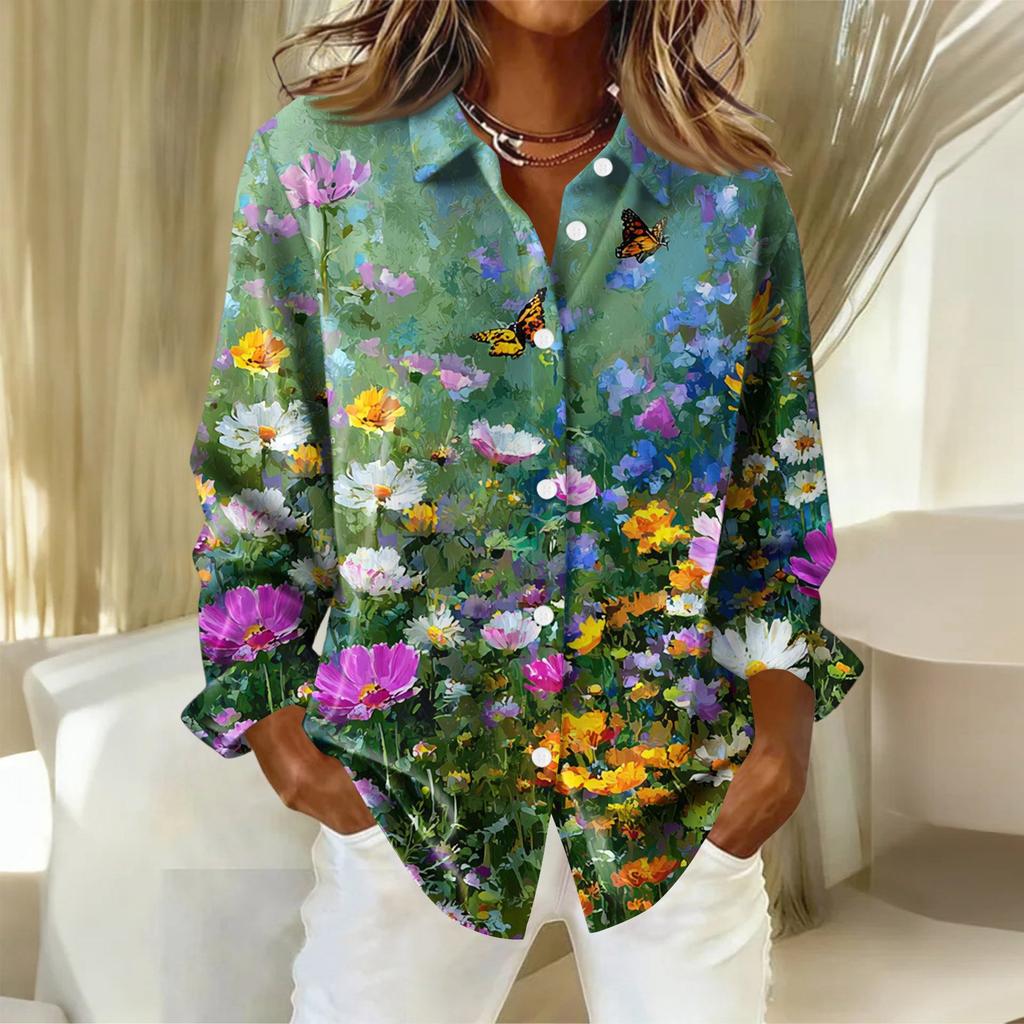 Женская рубашка с пуговицами с цветочным принтом, повседневная рубашка с длинными рукавами, блузки, повседневные базовые топы больших размеров