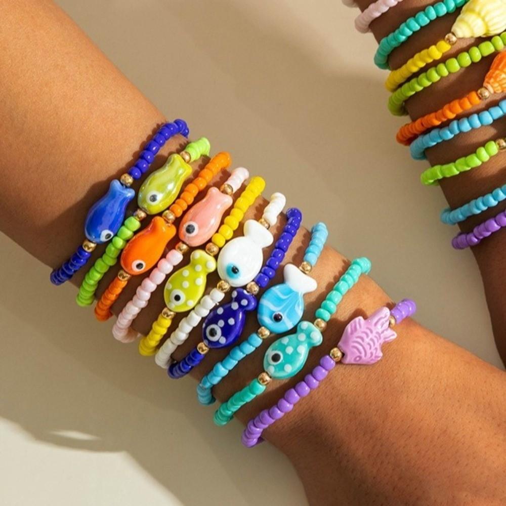Sea Series Fish Pendant Bracelet Colorful Beach Bangle Retro Polka Dot Bead Bracelet Summer