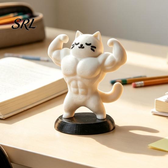 Small Animal Sculpture 3D Printed Muscle Cat Figurine, Funny Strong Desk Ornament for Desktop Decoration Home Office, Creative with Base, Unique Gift