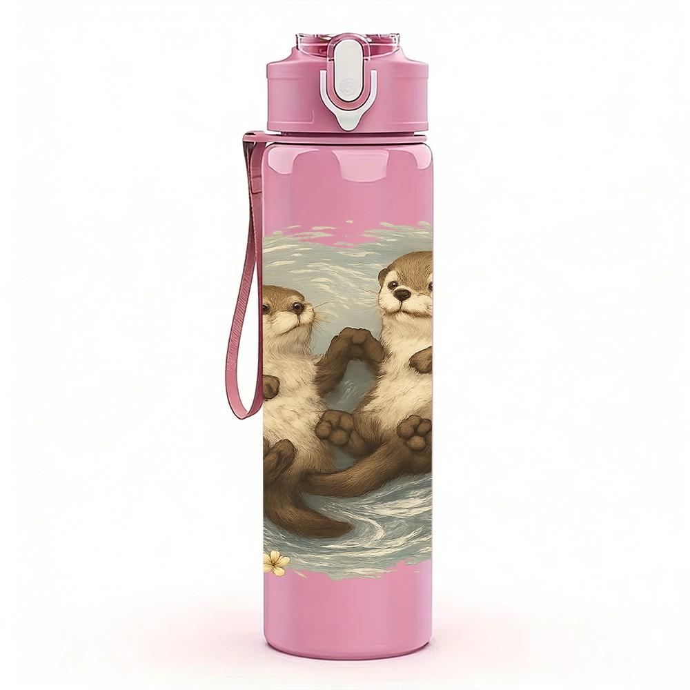 1PC Twin Hugging Otters 750ml Color Plastic Sports Water Bottle Leakproof Flip Straw Lid Suitable for Sports Office Home Use